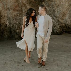 Zara satin cowl neck, low back dress with slit and button detail